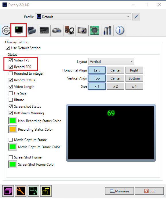 在 Dxtory 应用程序中单击监视器图标，覆盖选项卡。 选中视频 FPS 和记录 FPS 复选框