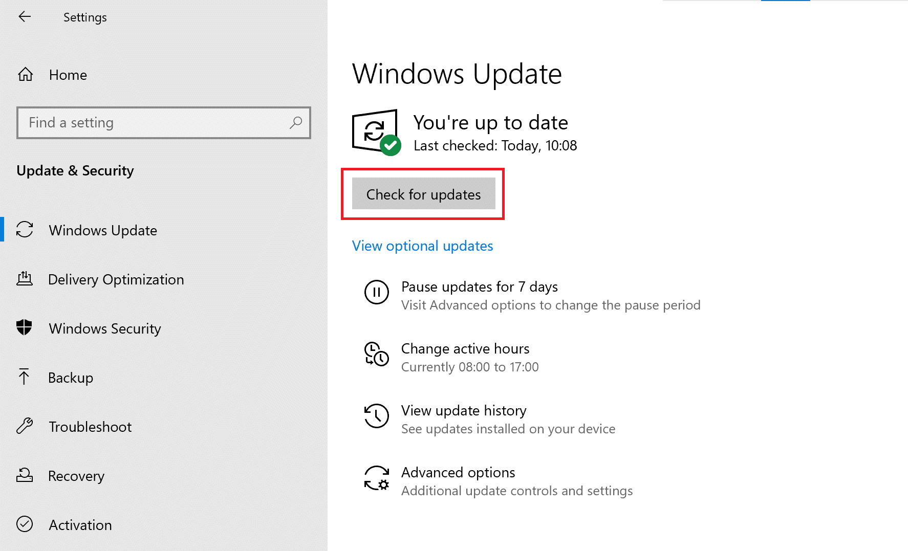 检查 Windows 更新。 修复命令提示符在 Windows 10 上出现然后消失