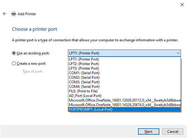 在下一个窗口中，单击使用现有端口下拉菜单中的 PORTPROMPT 本地端口，然后单击下一步。 修复 Windows 10 中的句柄无效错误