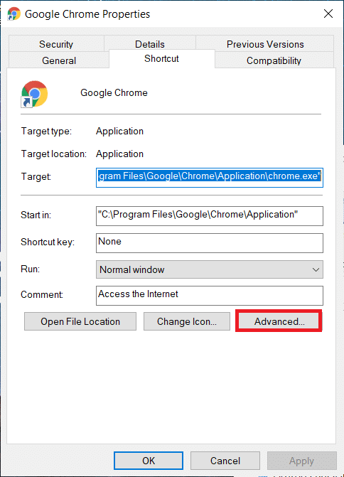 在快捷方式选项卡中，单击高级。 修复 Chrome 中的 STATUS ACCESS VIOLATION