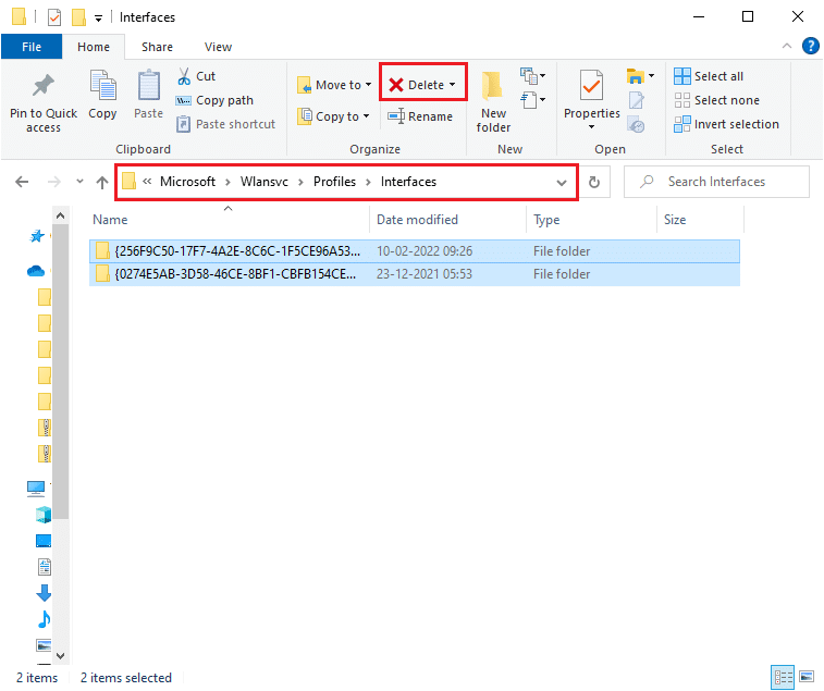 导航到 C ProgramData Microsoft Wlansvc Profiles Interfaces 位置，然后按 Ctrl A 键选择所有文件夹。 修复 Windows 10 中未显示 WiFi 选项