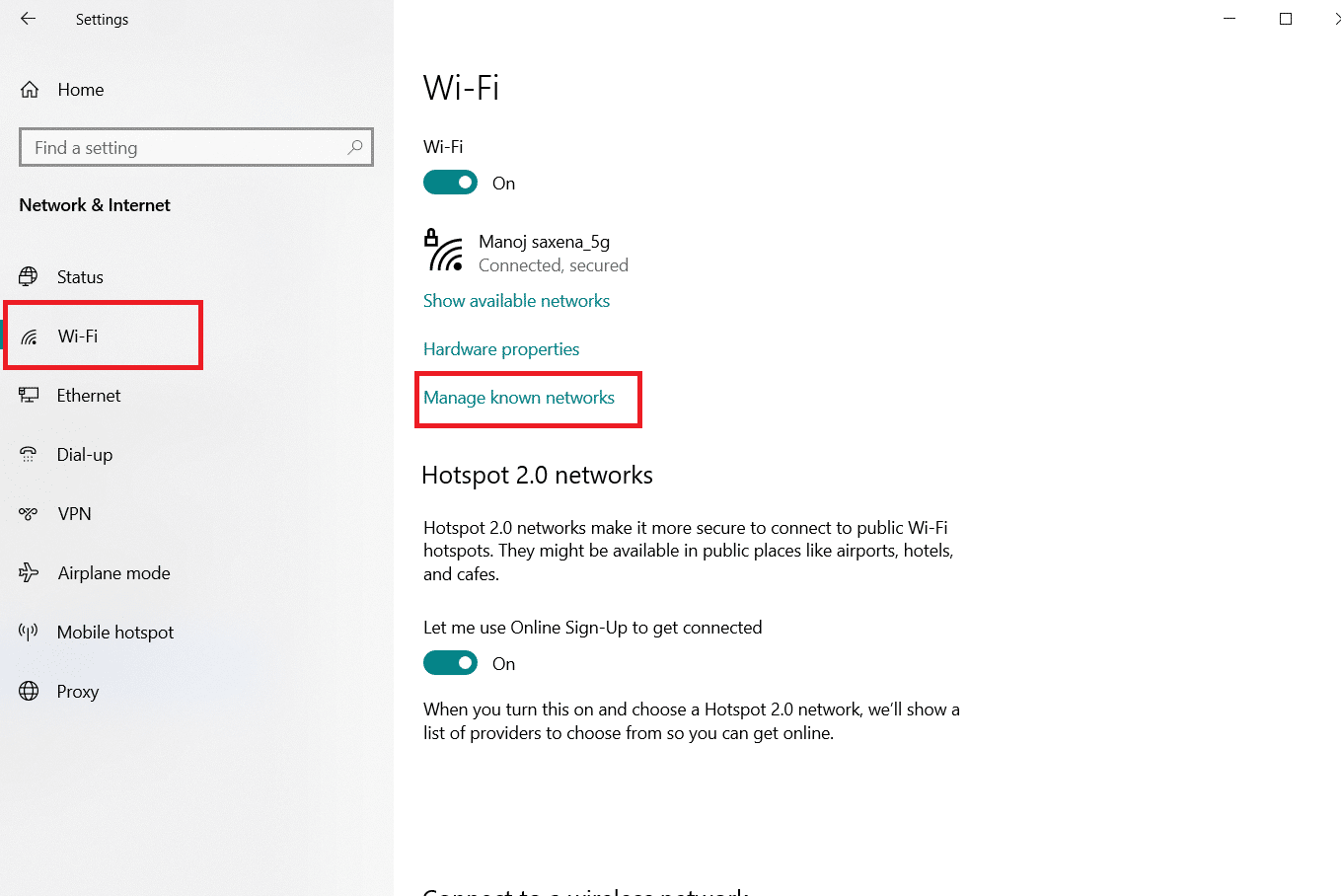 导航到 Wi-Fi 选项卡。 选择管理已知网络。 修复未找到 WiFi 网络 Windows 10