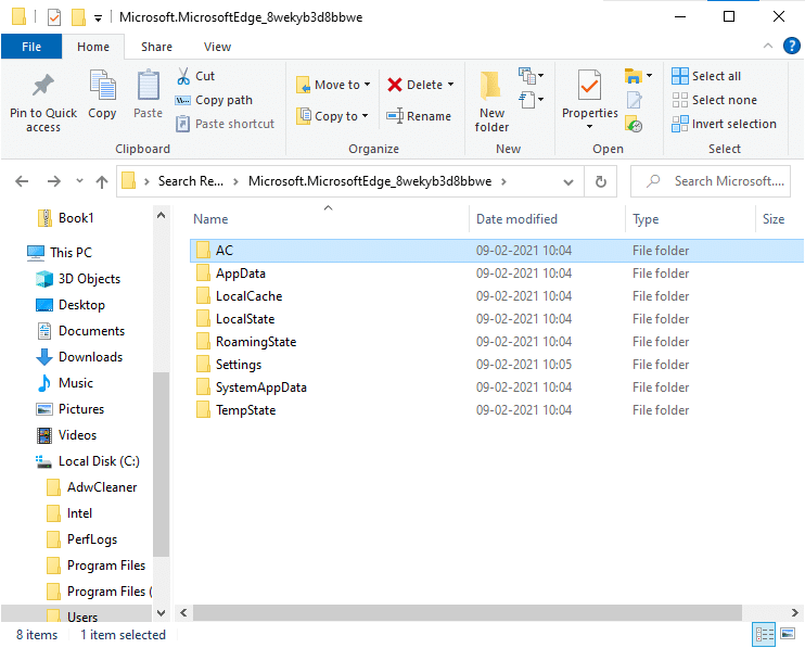 接下来，导航到 AC，然后是 MicrosoftEdge |  如何在 Windows 10 中删除临时文件