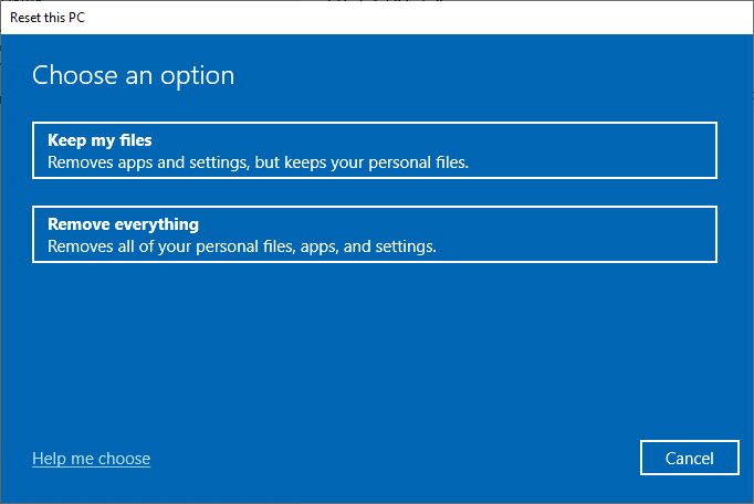 现在，从“重置此 PC”窗口中选择一个选项。 C:windowssystem32configsystemprofileDesktop 服务器不可用