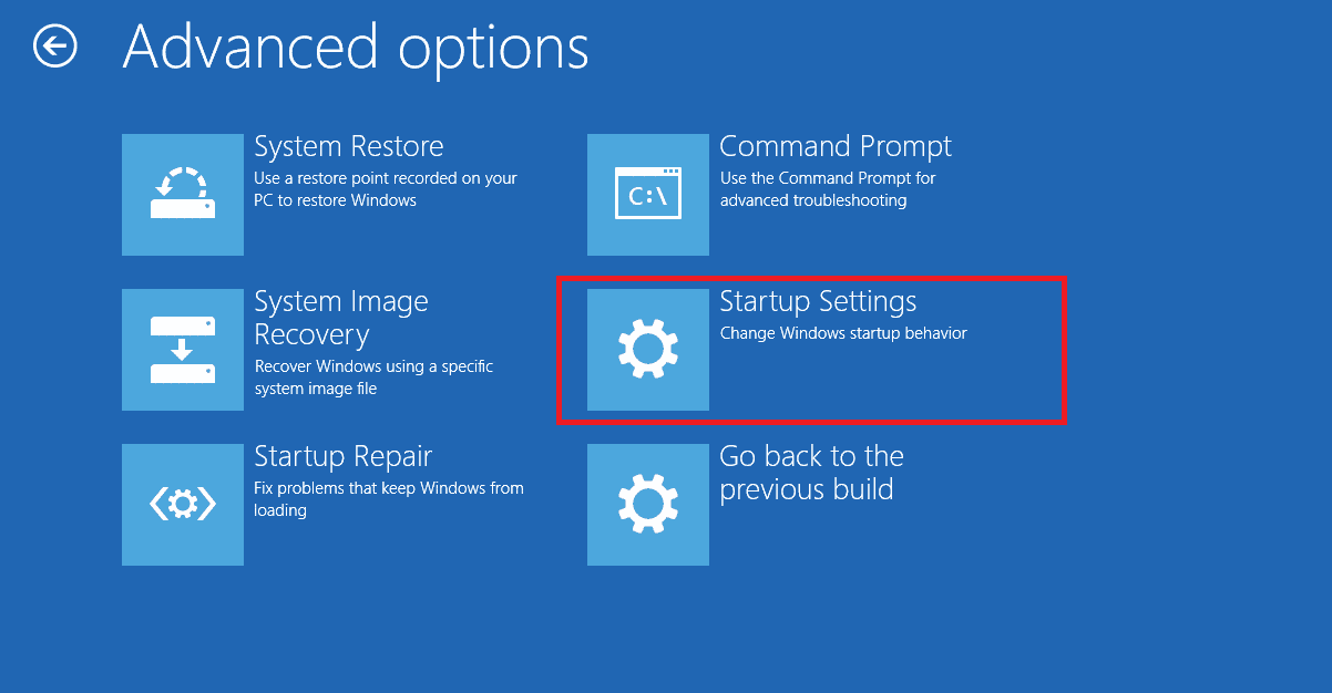 现在，单击高级选项，然后单击启动设置。 修复在 Windows 10 中无法安装打印机的句柄无效错误