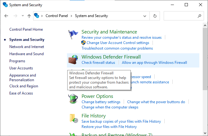 现在，单击 Windows Defender 防火墙。 如何修复错误代码 0x80004005