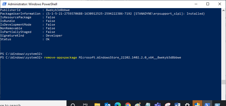 现在，转到 PowerShell 窗口中的新行并键入 remove appxpackage 后跟一个空格和你在上一步中复制的行。 修复 Microsoft Store 不工作 Windows 10