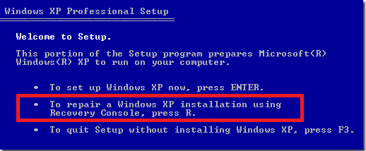 现在，按任意键从 CD 启动，现在将提示你“要使用故障恢复控制台修复 Windows XP 安装，请按 R。”