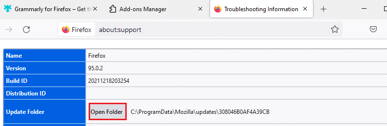 现在，在 Application Basics 窗口中，单击 Update Folder 下的 Open Folder。 如何修复 Firefox 不加载页面