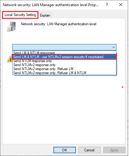 现在，在本地安全设置选项卡中，选择发送 LM NTLM 使用 NTLMv2 会话安全（如果协商）选项。 修复 Windows 10 中的句柄无效错误