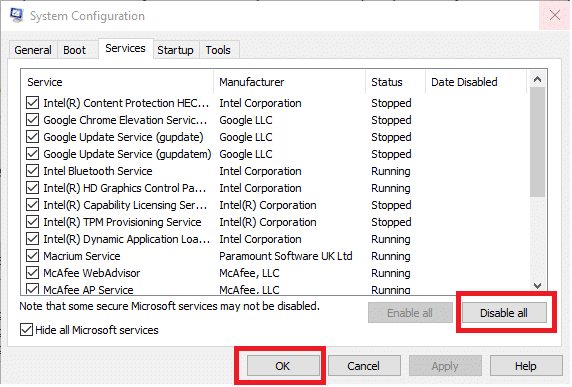 现在按 Disable all 按钮，然后单击 OK 保存更改。 在 Windows 10 上修复 iaStorA.sys BSOD 错误的 7 种方法