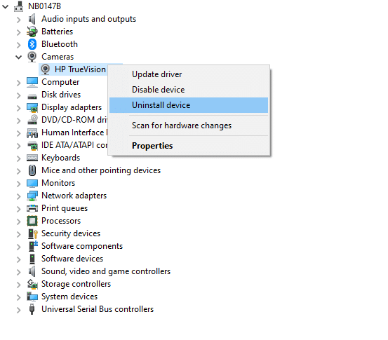 现在，右键单击驱动程序并选择卸载设备。 修复 Windows 10 中另一个应用程序正在使用的相机