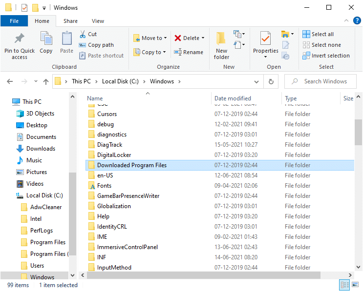 现在，向下滚动并双击 Downloaded Program Files 文件夹 |  如何在 Windows 10 中删除临时文件