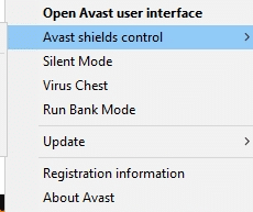 现在，选择 Avast shields control 选项，你可以暂时禁用 Avast