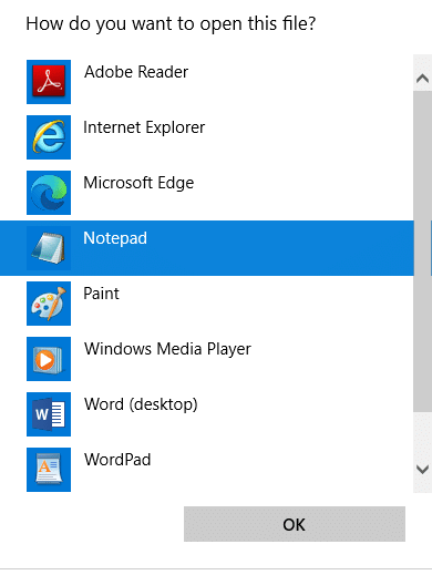 现在，从列表中选择记事本选项，然后单击确定 |  如何修复 EMPTY_RESPONSE Windows 10