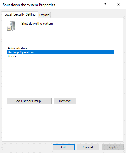 现在，关闭将在屏幕上弹出的系统属性。 接下来，单击 Backup Operators，然后单击 Add User or Group...