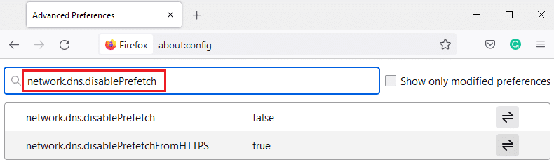 现在，在搜索栏中输入 network.dns.disablePrefetch。