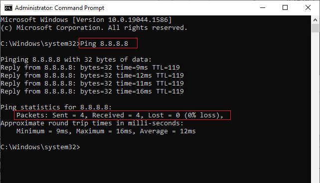 现在，在命令窗口中输入 Ping 8.8.8.8 并按 Enter。 修复 Windows 10 中未显示 WiFi 选项