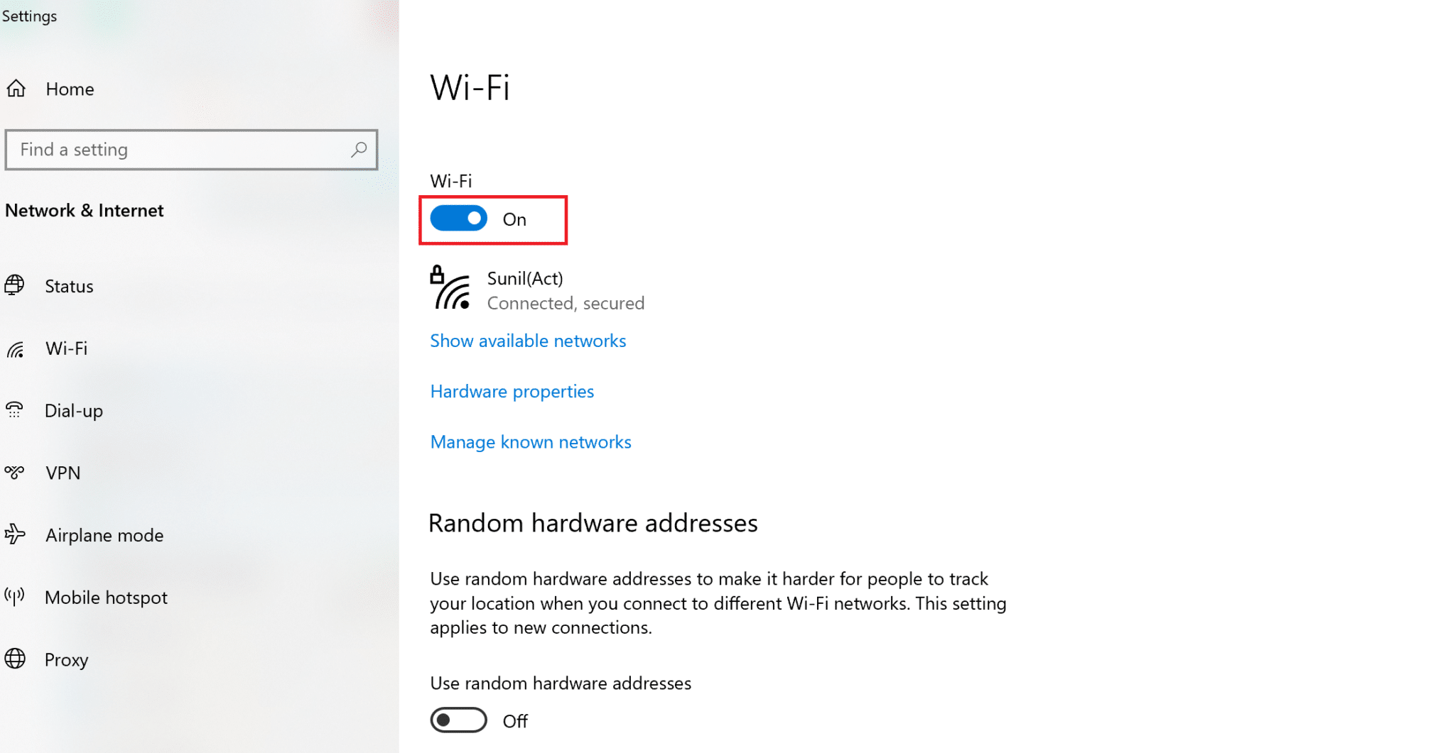 在设置窗口的右窗格中，确保在 Wi-Fi |Fix Miracast Not Working on Windows 10 下打开