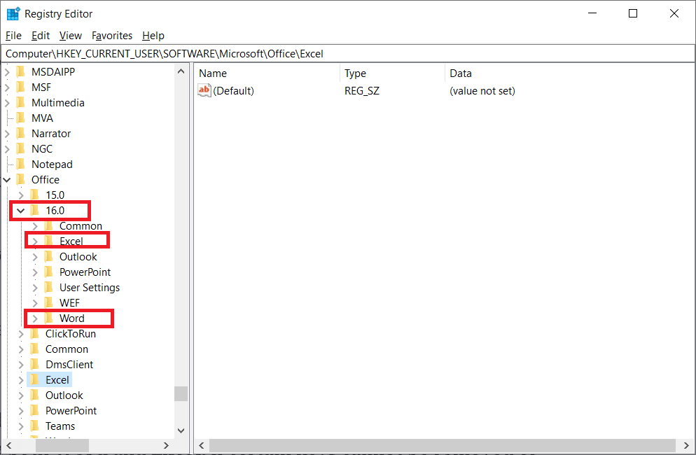 打开子文件夹 8.0、9.0、10.0、11.0 和 12.0，并删除子项 Excel 和 Word