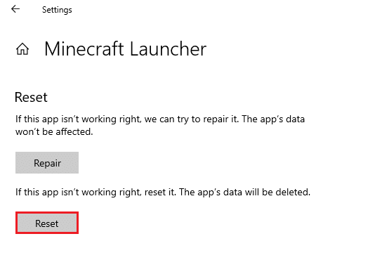 重置 Minecraft Launcher 将删除应用数据