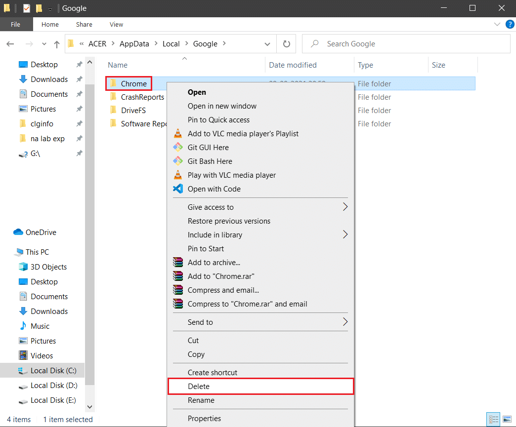 右键单击 Chrome 文件夹，然后在 localappdata 中选择删除选项。 修复 Chrome 中的 STATUS ACCESS VIOLATION