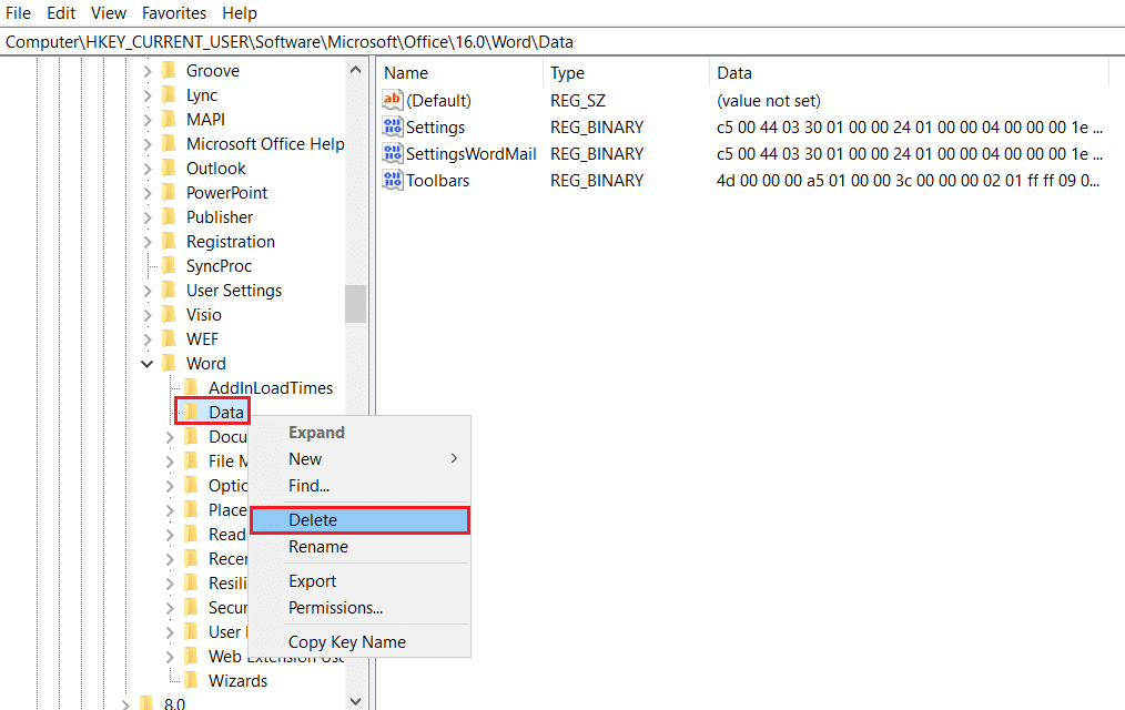 右键单击数据并在注册表编辑器中选择删除选项。 修复 Windows 10 中的 Word 文件权限错误