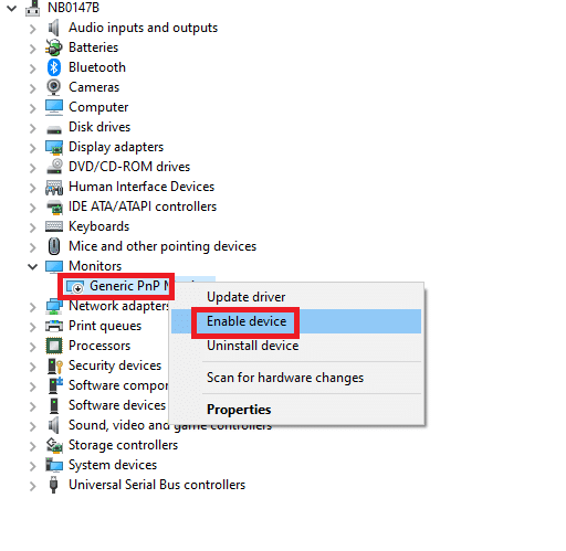 右键单击通用 PnP 监视器并选择启用。 修复 Windows 10 亮度不工作