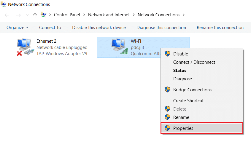 右键单击 Wifi 等网络连接，然后选择属性。 修复 ERR 连接重置 Windows 10