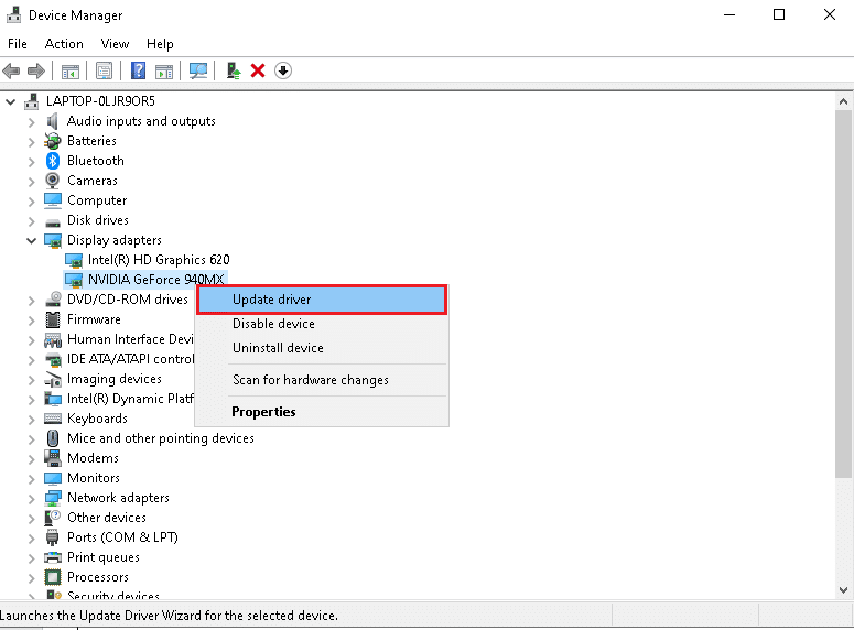 右键单击 NVIDIA GeForce 940MX 并选择更新驱动程序，如图所示。 如何修复 VIDEO TDR 故障 nvlddmkm.sys 错误