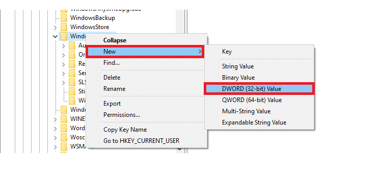 右键单击 WindowsUpdate 并转到新建并选择 DWORD 32 位值