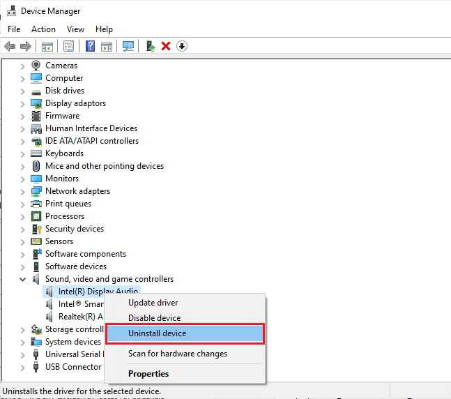 右键单击你的音频设备，然后选择卸载设备。 修复 Windows 10 音频错误 0xc00d4e86