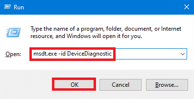 使用 msdt.exe -id DeviceDiagnostic 运行窗口。 修复蓝屏错误 Windows 10