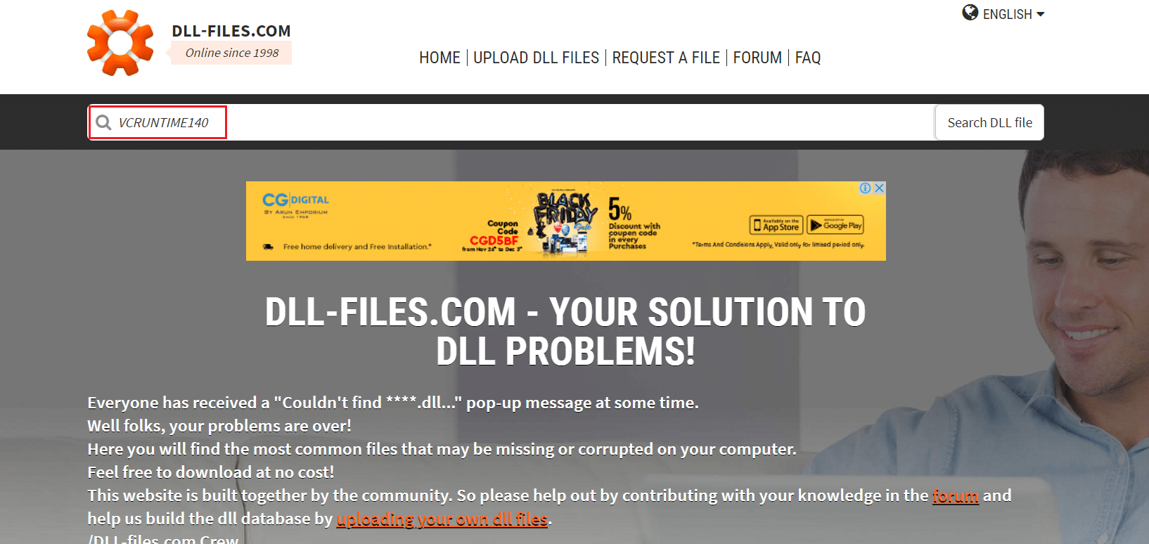 在 dll files.com 主页中搜索 vcruntime140.dll 文件。 如何修复 VCRUNTIME140.dll 在 Windows 11 上丢失错误