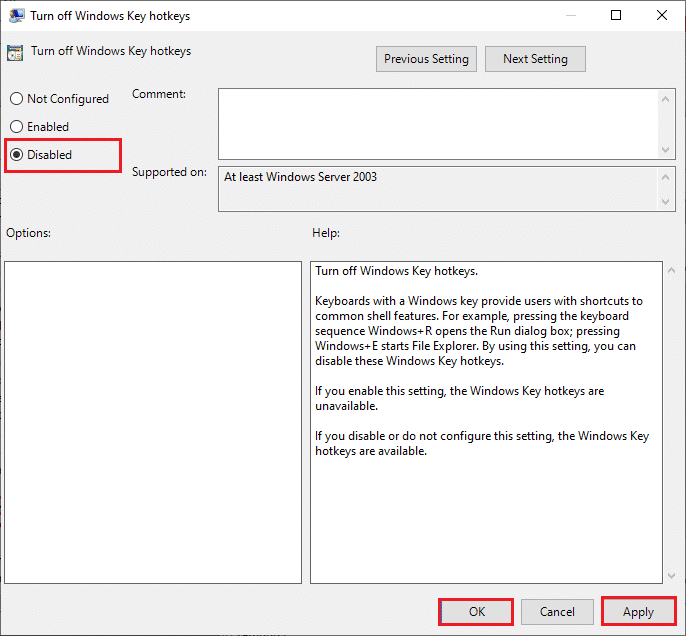 选择禁用选项以关闭 Windows 键热键设置本地组策略编辑器