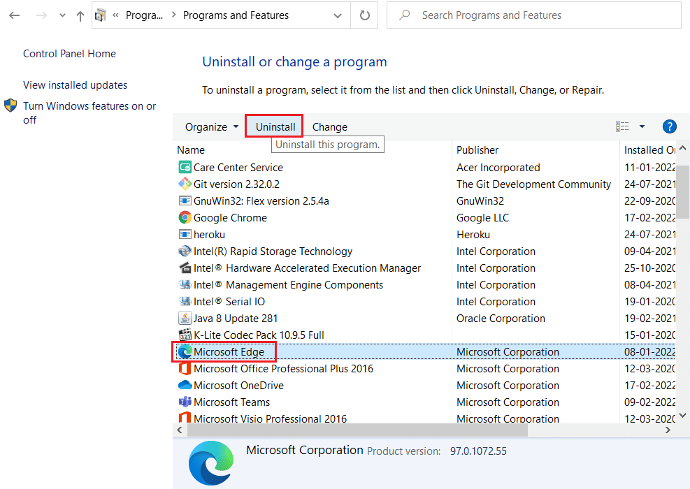 选择 Microsoft Edge 并单击程序和功能控制面板设置中的卸载。 修复 Chrome 中的 STATUS ACCESS VIOLATION