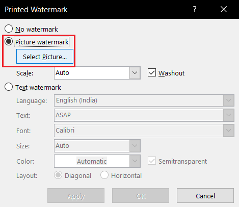 在 MS Word 中选择图片水印