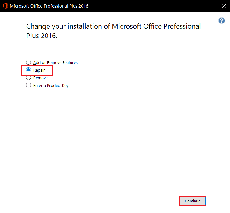 选择修复选项，然后单击 Microsoft Office 中的继续。 修复 Windows 10 中的 Word 文件权限错误