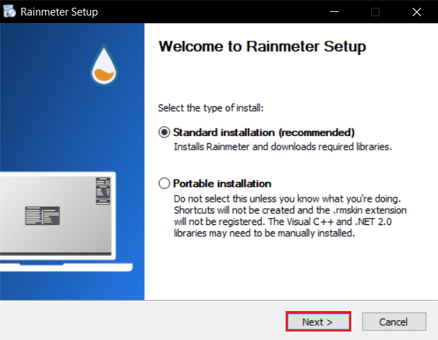 选择标准安装，然后在 Rainmeter 设置中单击下一步