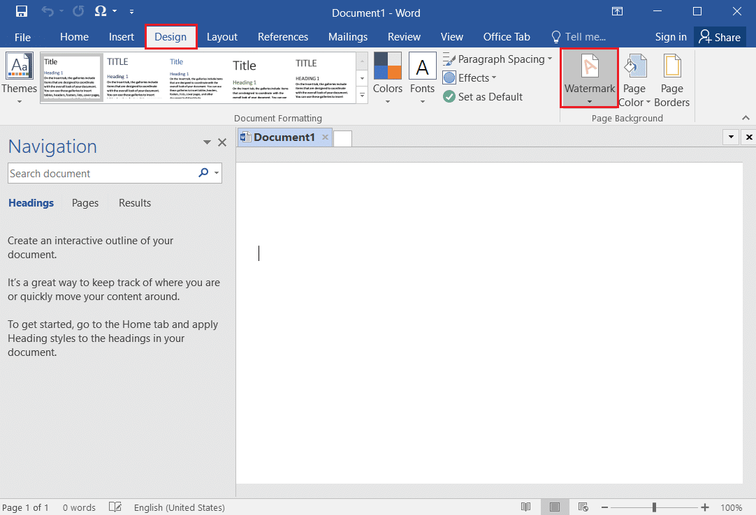 在 MS Word 的设计选项卡中选择水印选项