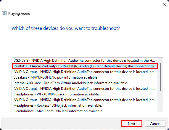 在 Playing audion疑难解答中选择一个音频设备，然后单击 Next Windows 11