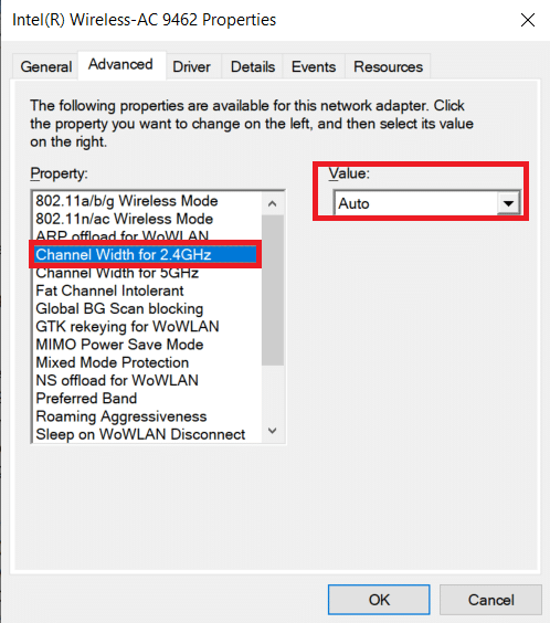在属性框中选择 2.4 GHz 的通道宽度。 将值设置为自动