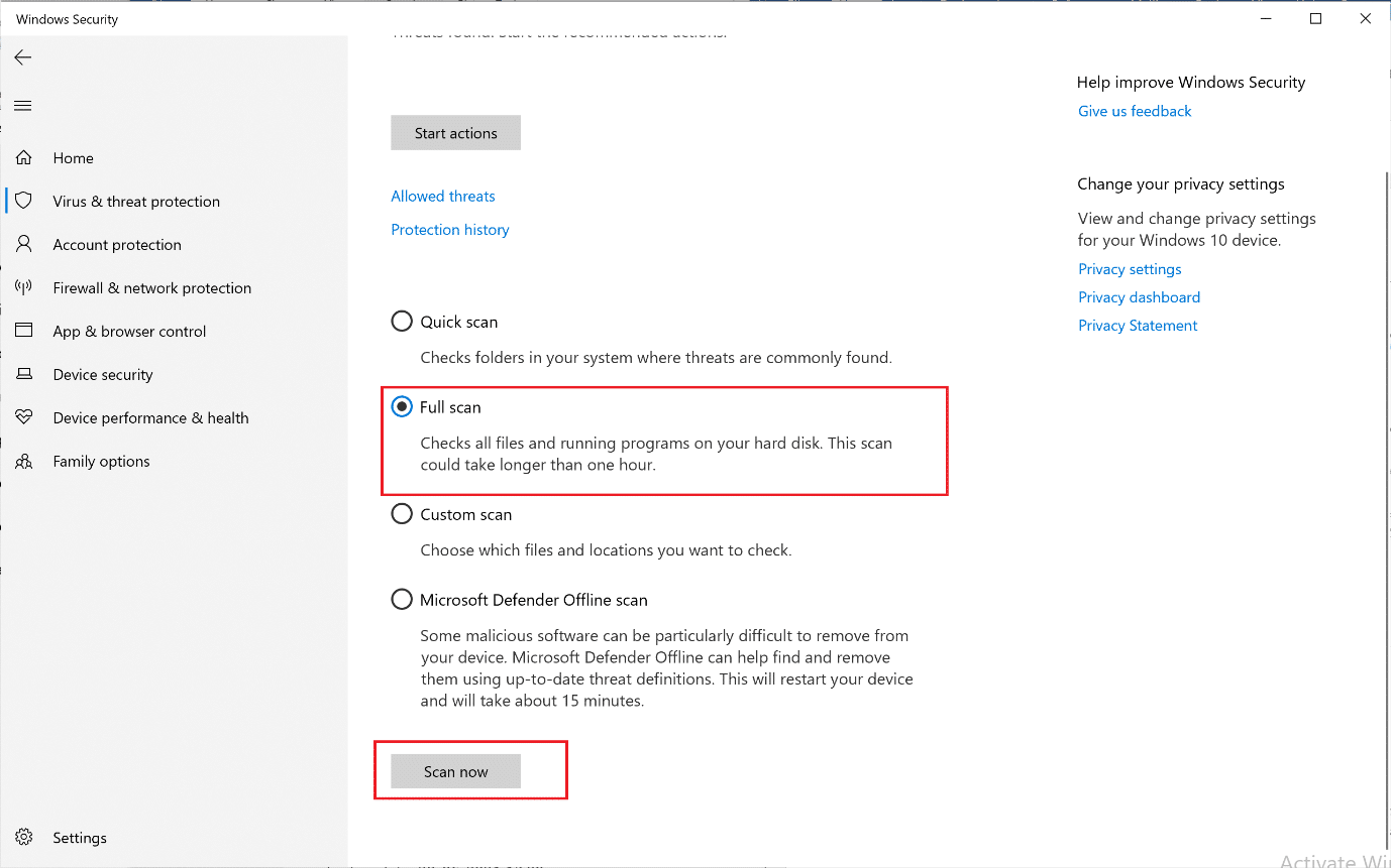 .  选择全面扫描，然后单击立即扫描。 修复 Windows 10 计算机不断崩溃