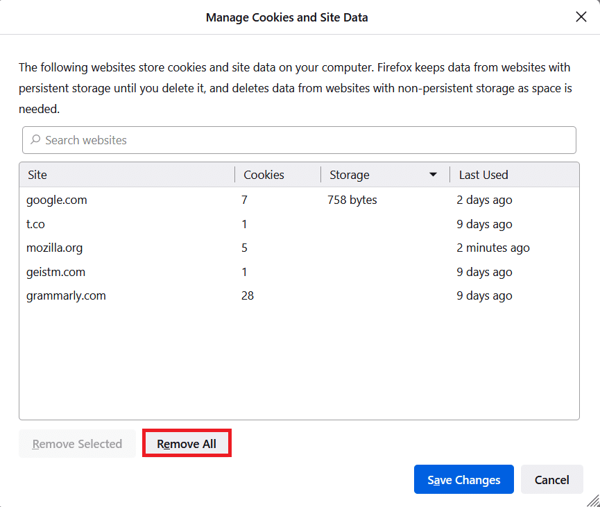 选择全部删除以删除所有 cookie 和存储数据。 修复 Windows 10 上 Firefox 没有声音的问题