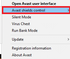 选择 Avast shields 控制选项。 修复未找到 WiFi 网络 Windows 10