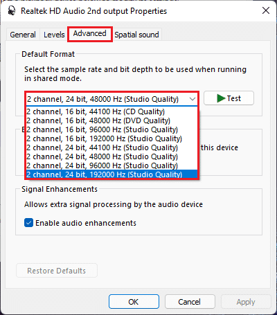 在 Realtek 高清音频设备属性高级选项卡 Windows 11 中选择最佳质量格式