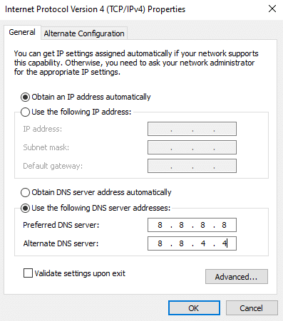 选择图标 使用以下 DNS 服务器地址。 修复 Windows 10 上的网络错误 0x00028001