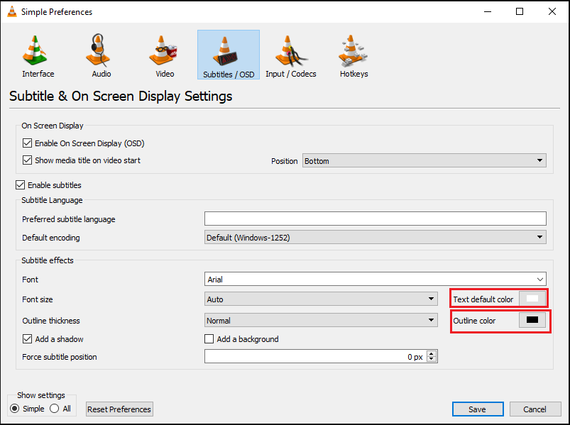 将文本默认颜色设置为白色，将轮廓颜色设置为黑色。 如何修复 VLC 字幕在 Windows 10 中不起作用