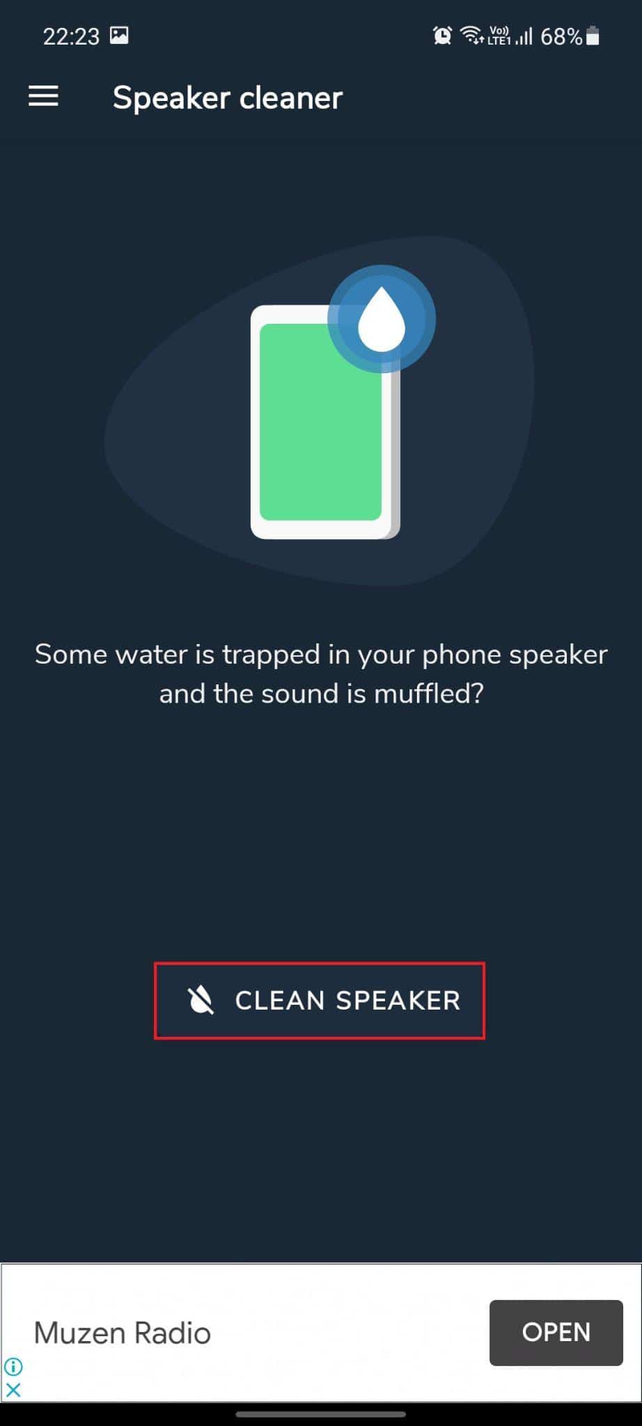 扬声器清洁器 - 去除水并修复声音应用程序。 清洁扬声器选项突出显示。 如何修复手机扬声器进水损坏