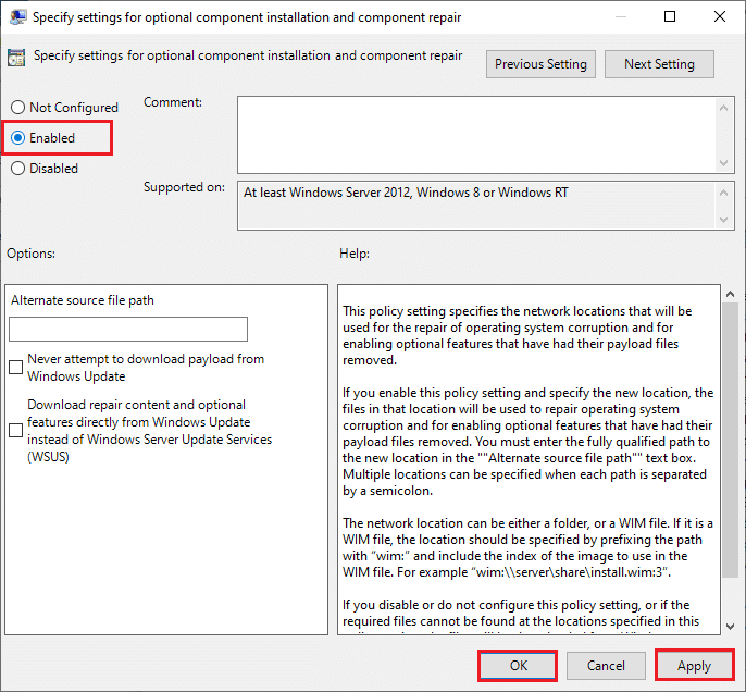 指定可选组件安装和组件修复弹出窗口的设置。 修复 Windows 10 更新 0x8007000d 错误